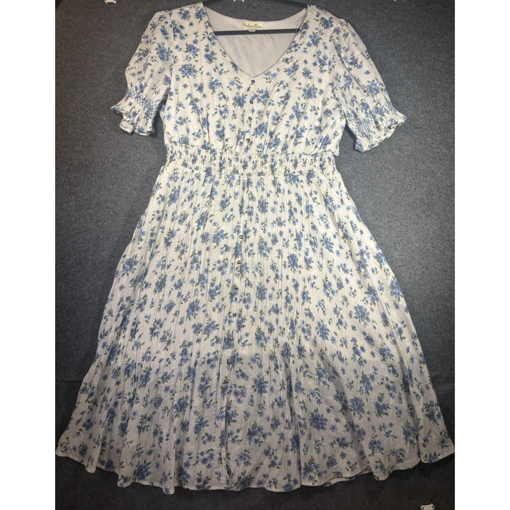 Indigo Rose Floral Print V-Neck Midi Dress with Button Detail 2X